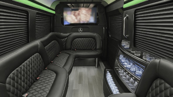 Interior of Woodland Party Bus Company's 14 Passenger Sprinter Limousine in Woodland