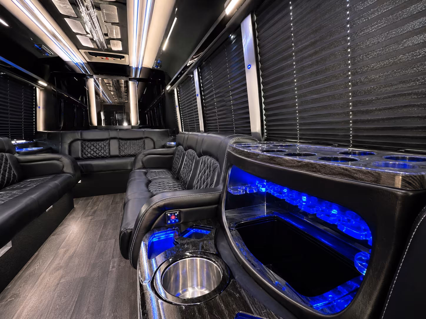 Interior of a party bus rental serving Sacramento